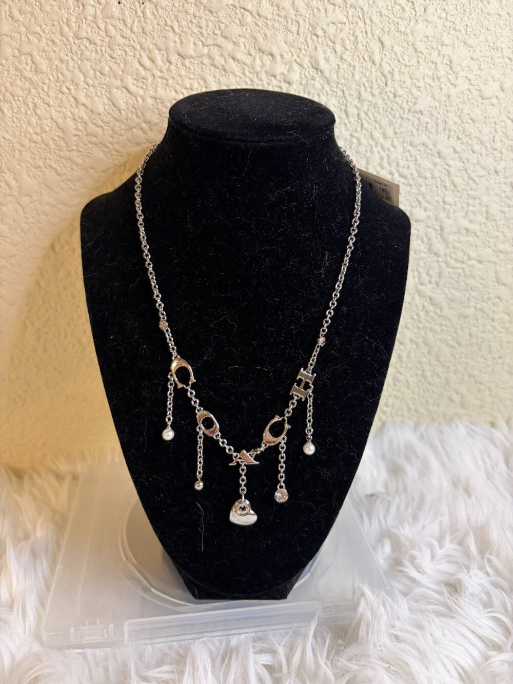 Coach Silver Logo Charm Necklace Pearl Crystal Heart Dangle Chain NWT